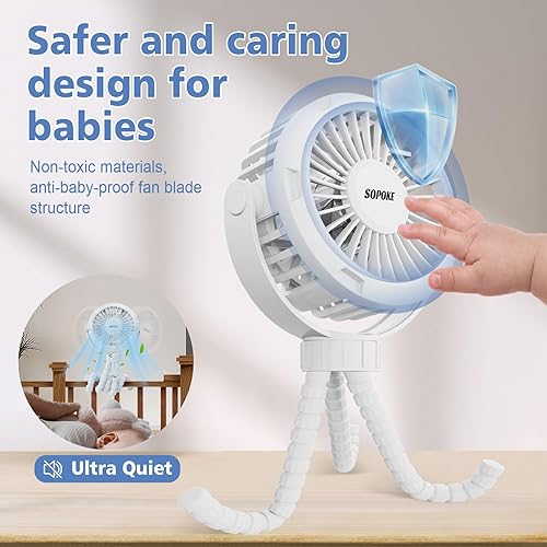 Miniatura 4 de Mini ventilador portátil para cochecito de bebé, ventilador de mano personal de 3 velocidades, ventilador de enfriamiento de trípode flexible de 360