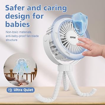 SOPOKE 3 Speed Mini Rechargeable Baby Stroller Fan, Blue | 360 Flexible Tripod, Handheld Design, for Car Seat Crib Treadmill Golf Cart Travel