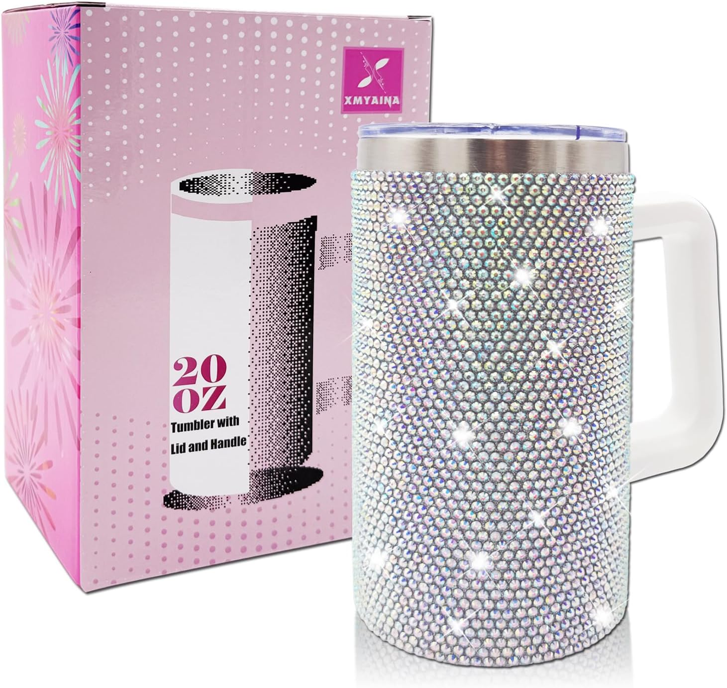 20oz Bling Tumbler With Handle Stainless Steel Rhinestone Insulated Cup with Lid and Straw Double Wall Vacuum Coffee Cup Reusable Glitter Travel Coffee Mug for Cold and Hot (Aurora White) - Image 2