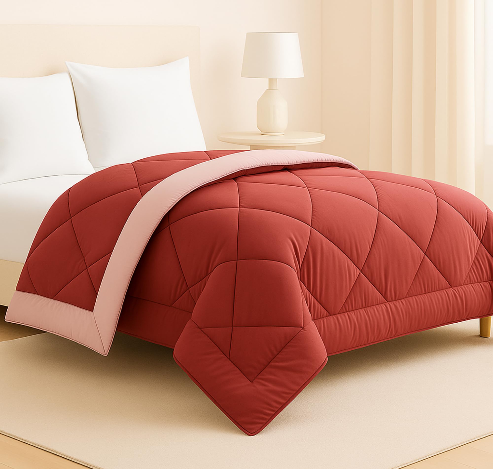 BSB HOME Luxury Reversible Comforter Double Size | Dual Color Soft Quilt for AC Room | Winter & Summer | Rainy Season Plush Microfiber | Solid Color Comforter – 90x100 Inches, Rust & Pink