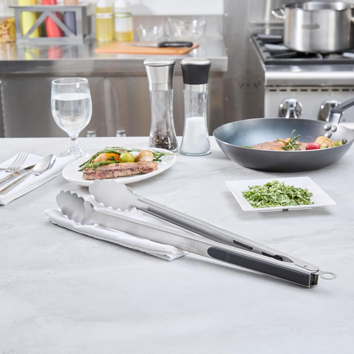 Restaurantware Grilling Tongs - 144 Count Pack - Met Lux 20" x 2" Stainless Steel Grill Tongs, Scalloped Tips, Ergonomic Design, Heat Resistant - Silicone Handle Barbecue Tool For Outdoor Cooking