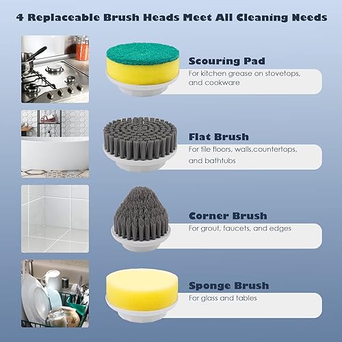 Miniatura 5 de CONERX Cepillo de limpieza eléctrico inalámbrico giratorio con 4 cabezales de cepillo reemplazables, 2 velocidades ajustables para baño, platos de