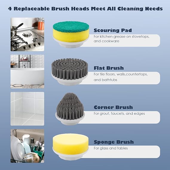 Electric Spin Scrubber Cordless Power Cleaning Brush with 4 Replaceable Brush Heads 2 Adjustable Speeds for Bathroom Kitchen Dishes Tub Sink Tile Window Floor Grout, White