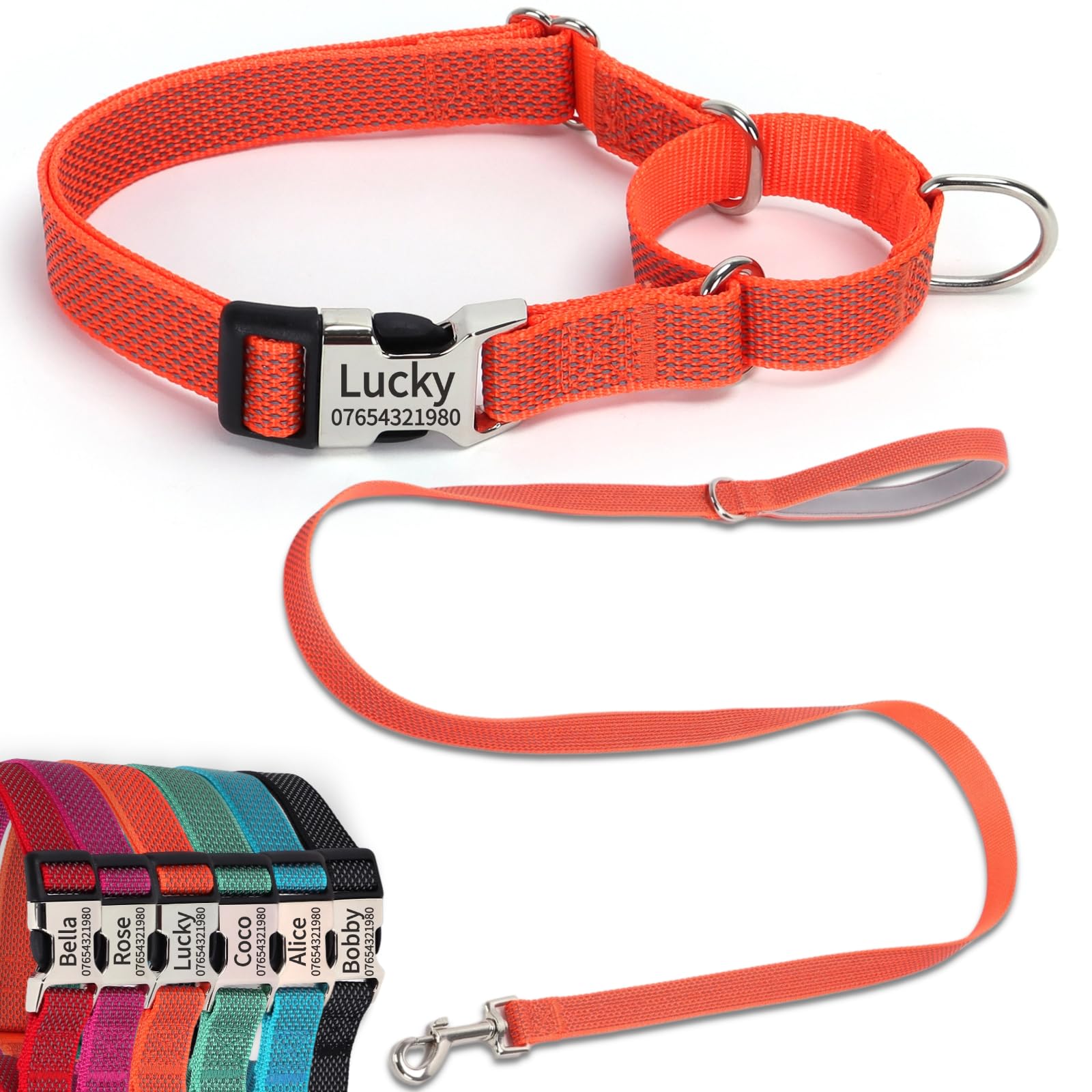 SEOUGEE Martingale Dog Collar Personalised and Lead Set, Reflective Nylon Anti-choke Dog Collars and Leash with Custom Engraved Buckle, Walking Training for Large Dogs (L Orange Set, 45-65cm)