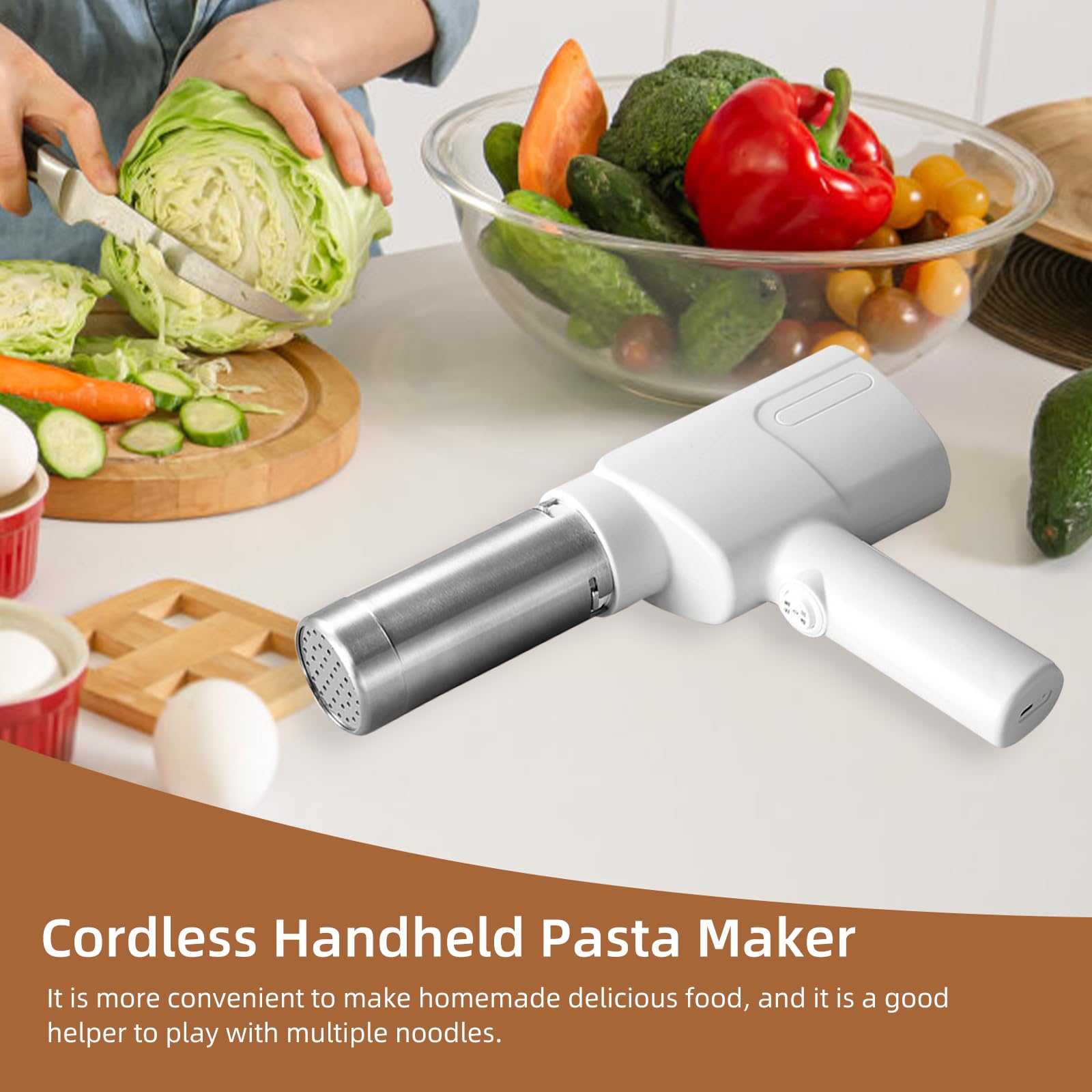 Máquina eléctrica de pasta – Máquina de mano recargable con 5 moldes de fideos para espaguetis fettuccine y fideos delgados/gruesos, fácil de usar, inalámbrica, perfecta para cocinar en casa