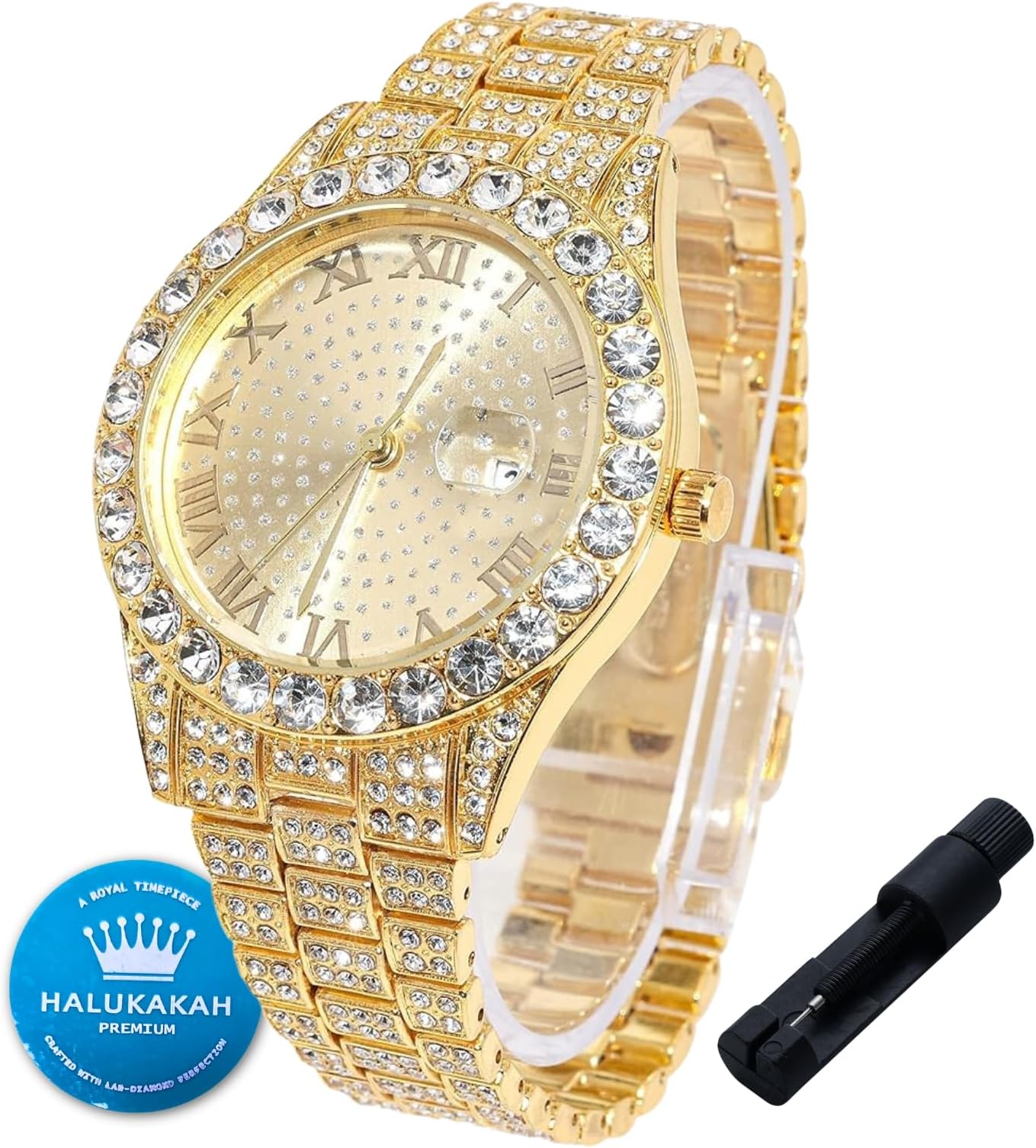 Diamonds Watch Iced Out for Boy Teens Kids - 18K Real Gold/Platinum Plated,42mm Round Dial,Japanese Quartz - 20cm Length - Optional with Cuban Link Chain,with Adjuster Tool - for Birthday