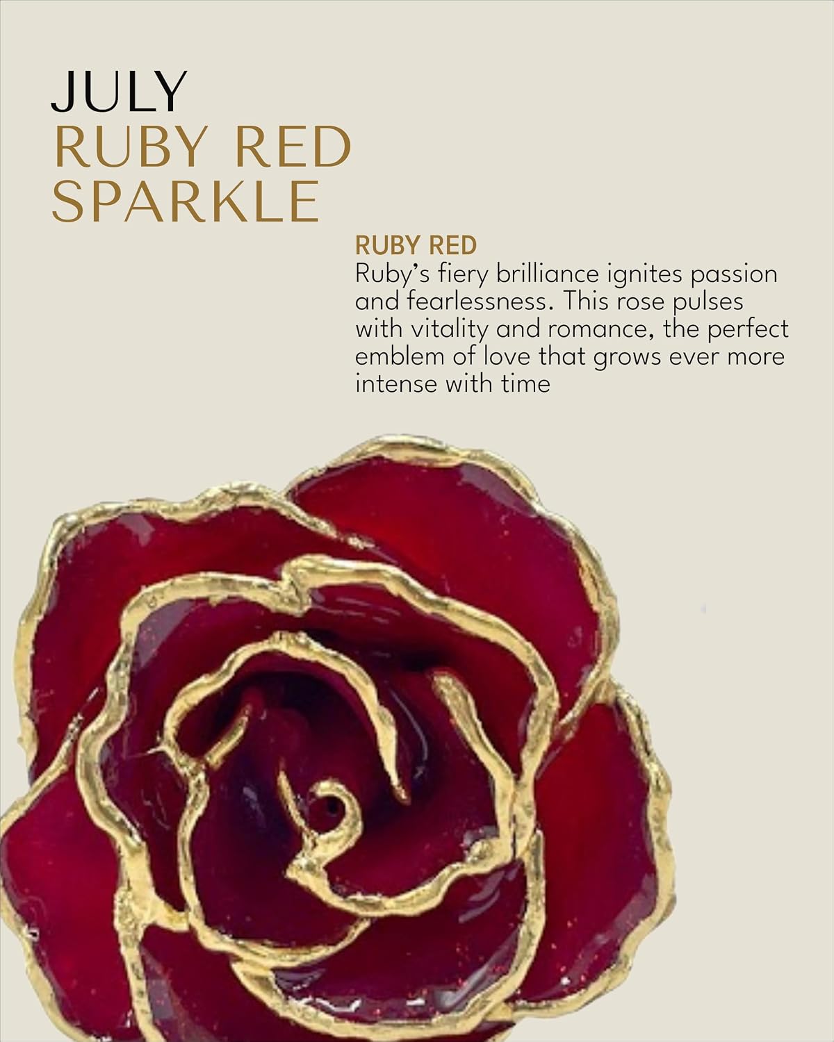 Forever Rose Hand-Dipped in 24K Gold, Ruby Red-Inspired July Birthstone with Sparkles, Real Rose in Phantom Vase and Bloom Box –Perfect Ready to Gift for July Birthday or Any Occasion