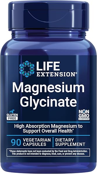 Life Extension Magnesium Glycinate, Heart Health, Bone Health, Nerve and Muscle Support, Highly absorbable, Gluten-Free, Non-GMO, Vegetarian, 90 Capsules