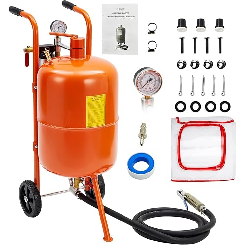 Garvee 10 Gallon Sand Blasting Machine, 125 Psi Pressure Air Sand Blasting Kit w/4 Ceramic Nozzles & Oil-Water Separator, Portable Abrasive Blaster for Stain Removal Paint, Orange