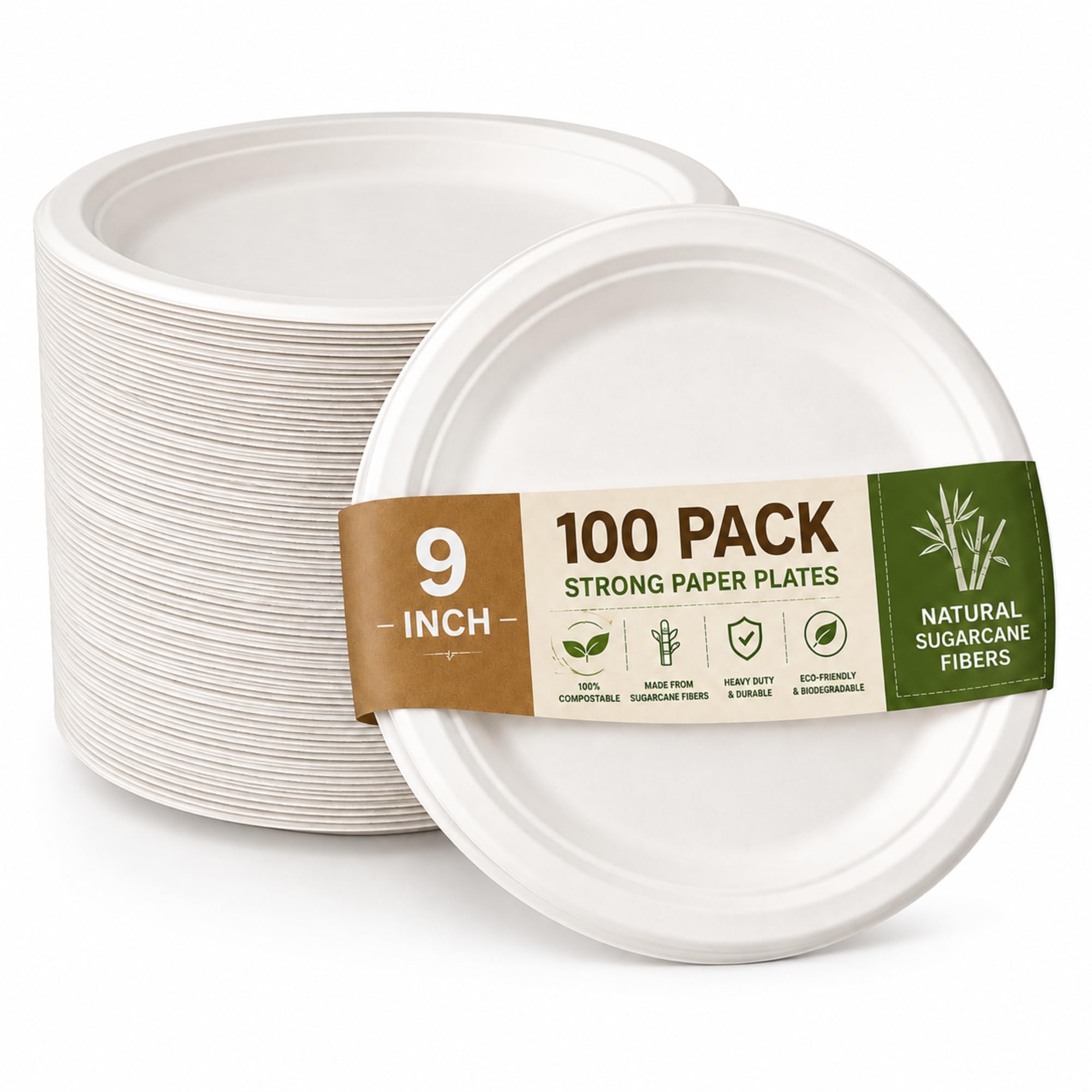 VylEco Strong Paper Plates 9 Inch - 100% Compostable Heavy-Duty Eco-Friendly Disposable Bagasse Plates, Made of Natural Sugarcane Fibers – Biodegradable Paper Plate