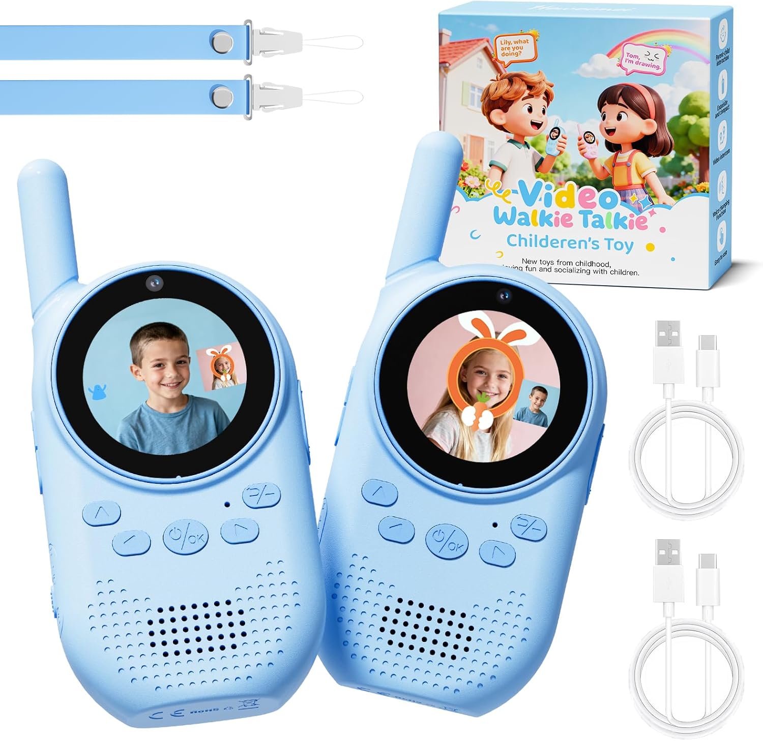 Video Walkie Talkies for Kids, Rechargeable Kids Walkie Talkies with Screen Display & Voice Changer, Outdoor Toys for 3-12 Years Boys Girls Birthday Christmas (Bule/Bule)