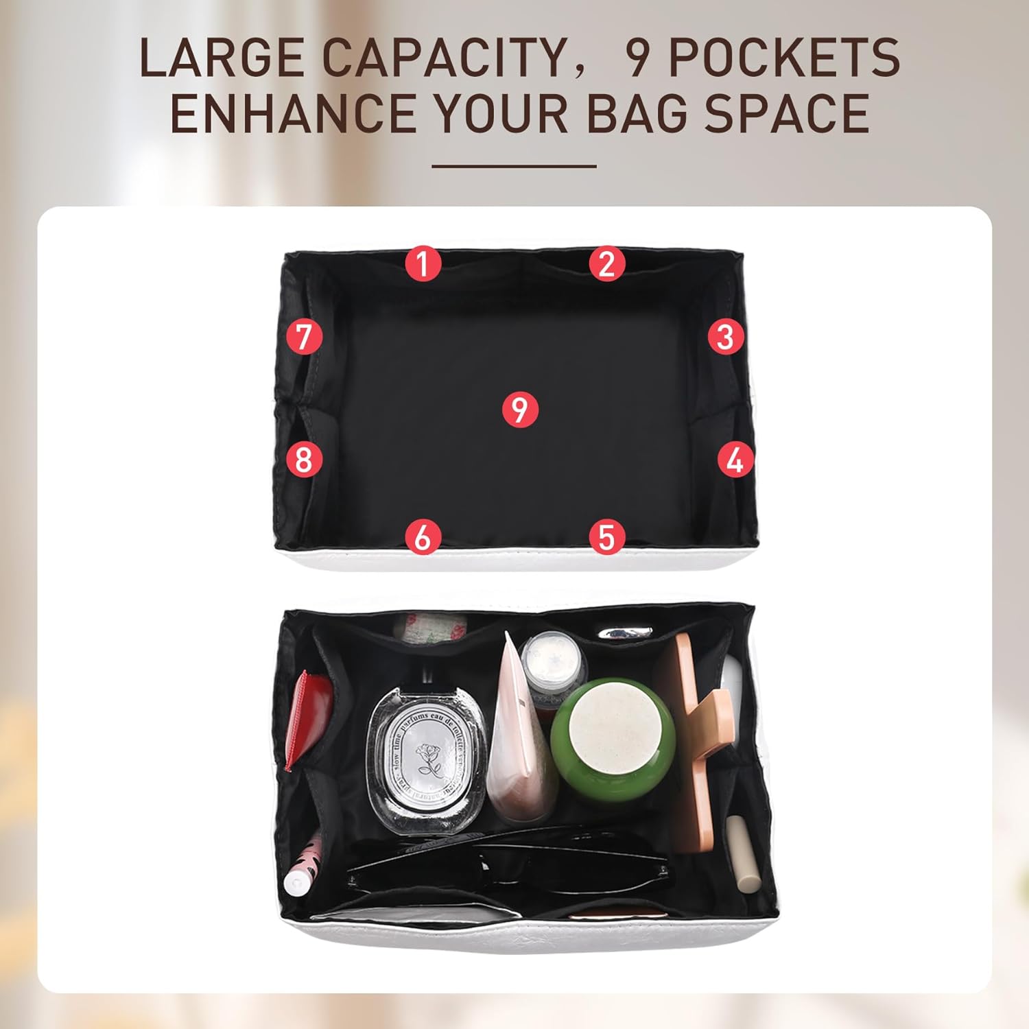 Doxo Purse Organizer Compatible with LV Noe BB Bucket Bag, Upgraded Lightweight Zipper Bag Insert with 9 Compartments, Custom Fit Inside Tote Handbag Divider Shaper Accessories, White - Image 3