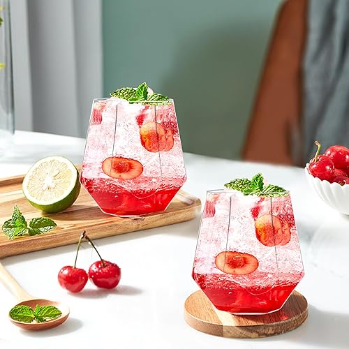 Miniatura 6 de Paquete de 24 copas de vino de plástico sin tallo, copa de vino de diamante irrompible de 12 onzas, cristalería de cóctel desechable transparente,