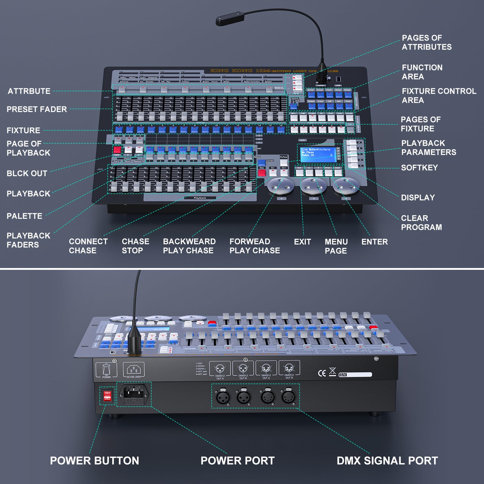 Controller DMX, Console DMX 1024 canali con Flight Box, Controller da discoteca DMX 512, Spettacolo di luci, Festa, Controller DJ con testa mobile
