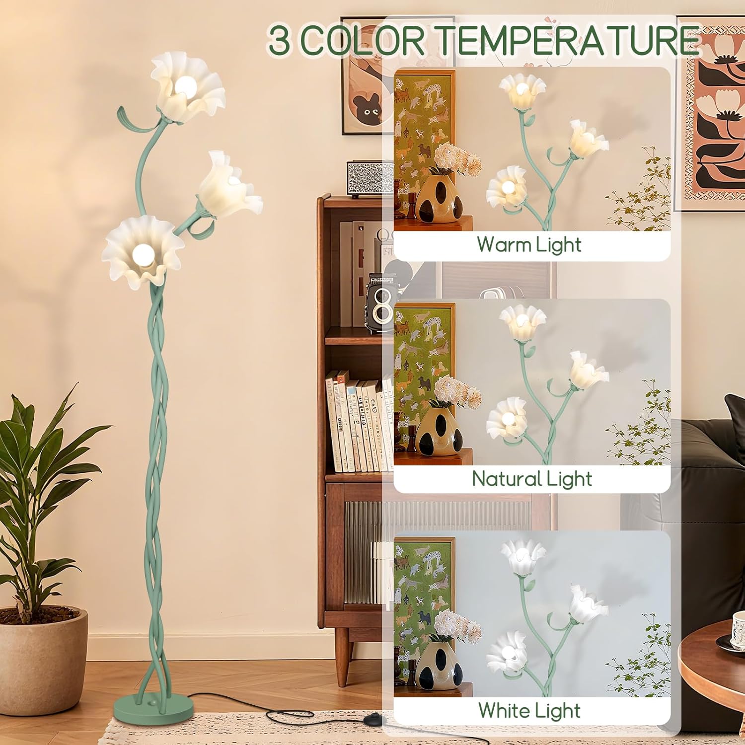 Flower Floor Lamp for Bedroom, Tall Standing Lamp wtih 3 Color Temperatures, Floor Lamp for Living Room, Girls Room, Modern Corner Home Decor (Green