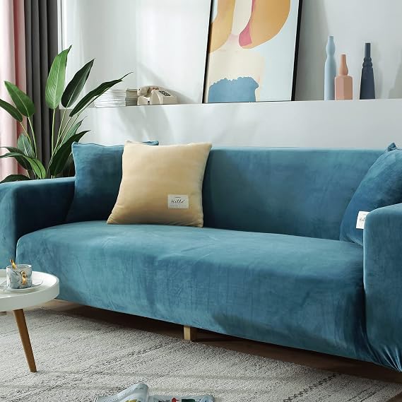 TOPCHANCES Thick Velvet Sofa Cover,Stretch Sofa Covers Slipcovers with Non Slip Elastic Straps Furniture Protector Cover, Couch Slipcover for Living Room Dogs Cat Pet (Lake Blue, 2 Seater)