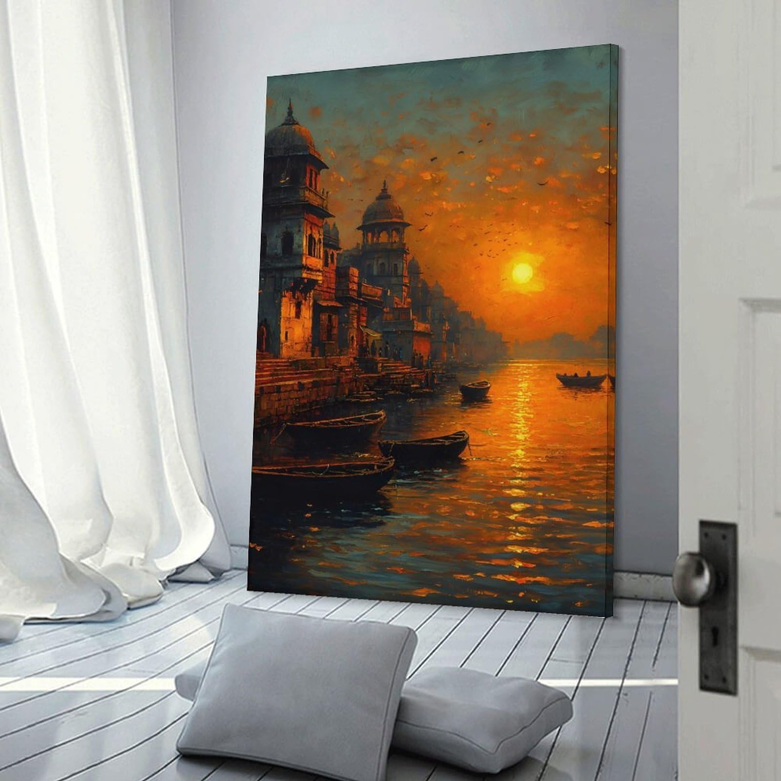 Junmoney Sunset over Ganges River with Boats Canvas Wall Decor, 24x36inch(60x90cm), for Art Walls, Layered Displays Or Homes, Home Wall Art for Statement Displays