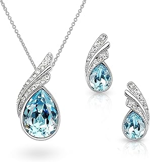 Mujer 18ct Chapado en Oro Blanco Lágrimas Cristales Azul Aguamarina simulada Juego de joyas Collar con Colgante 45 cm Pendientes para Mujer Niña Boda Novia y Dama de honor