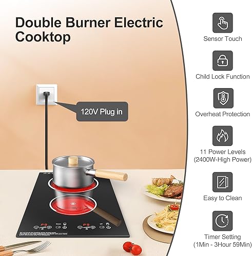 Miniatura 3 de Placa de cocina eléctrica, quemador eléctrico de 2 quemadores integrados y encimera para cocinar, estufa de 2400 W 110 V, 11 ajustes de potencia,