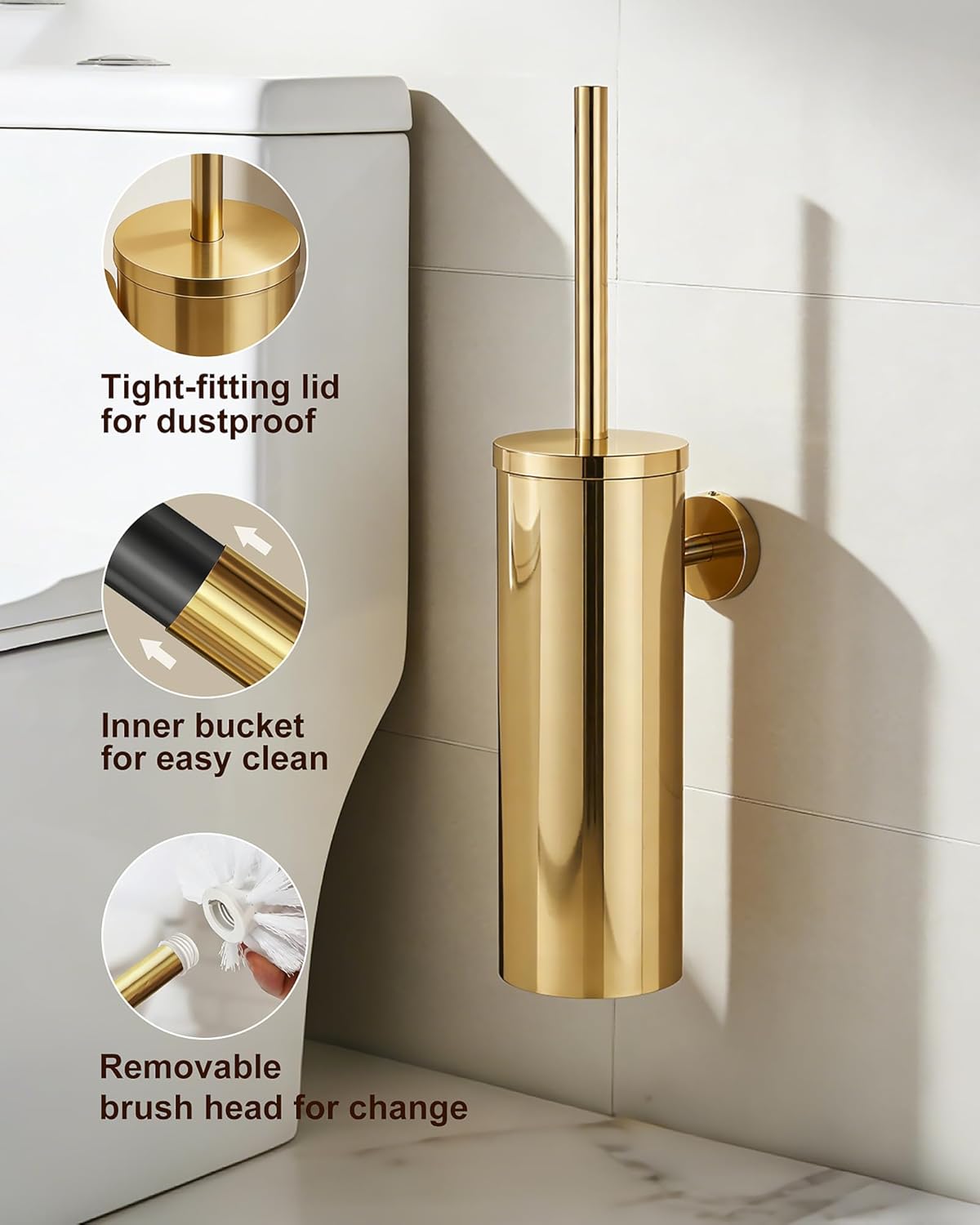 2.6Gallon Brushed Gold Bathroom Trash Can with Wall Mounted Toilet Brush Set/Stainless Steel Gold Garbage can with Swing lid Trash bin Wastebasket for Bedroom,Office,Kitchen,Powder Room