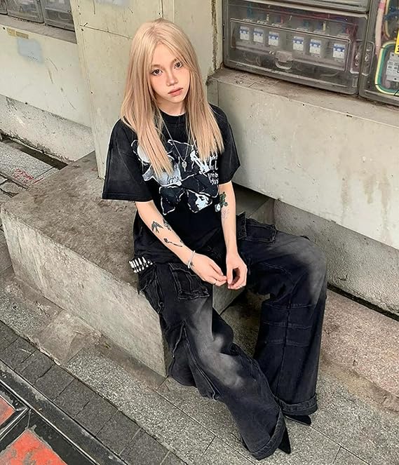 Baggy Cargo Jeans for Women High Waisted Wide Leg Grunge Y2K Pants