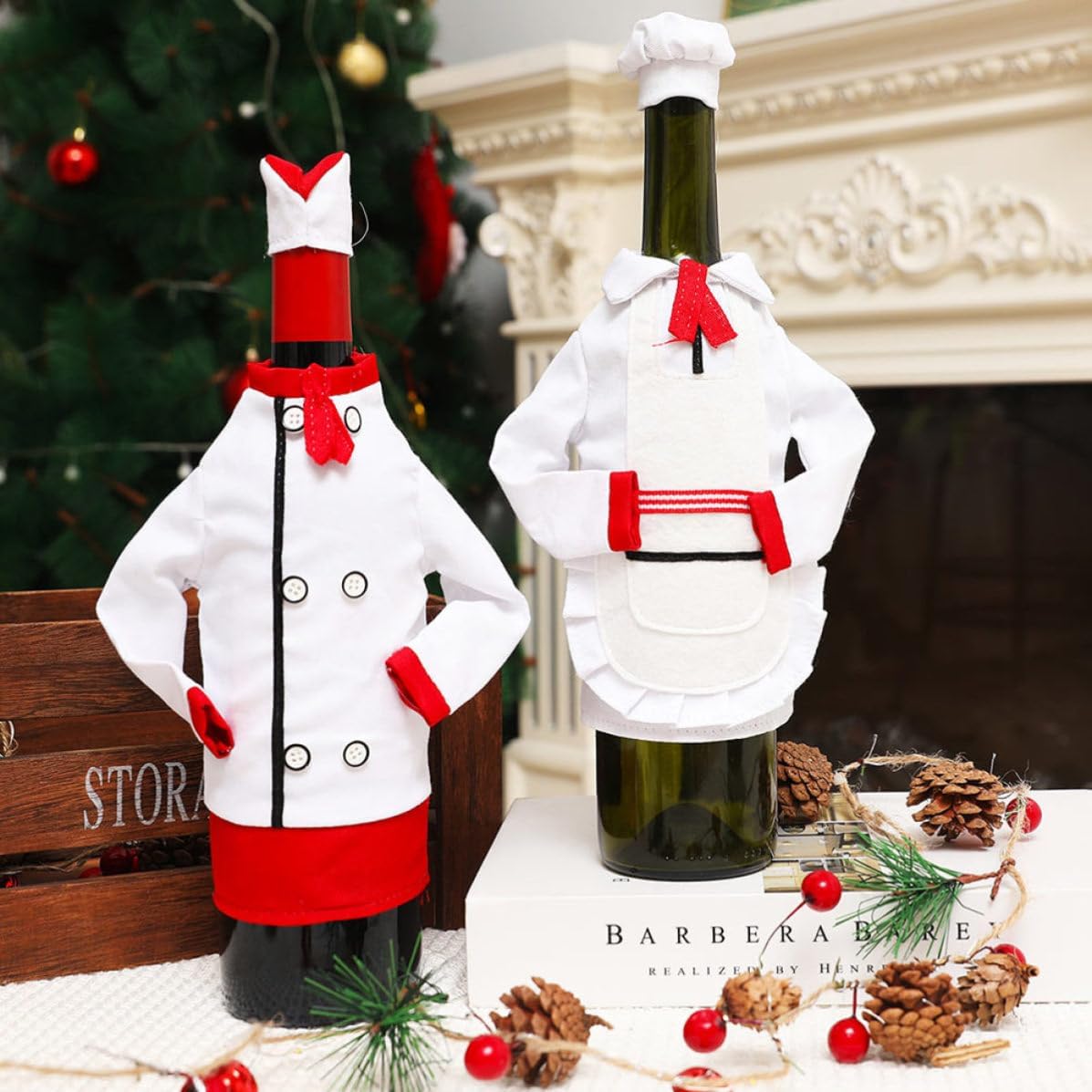 WOONEKY 2 Sets Decorative Wine Bottle Cover for Christmas Party Cloth Chef Clothing Style Bottle Dress Ornament Decors for Holiday Celebration