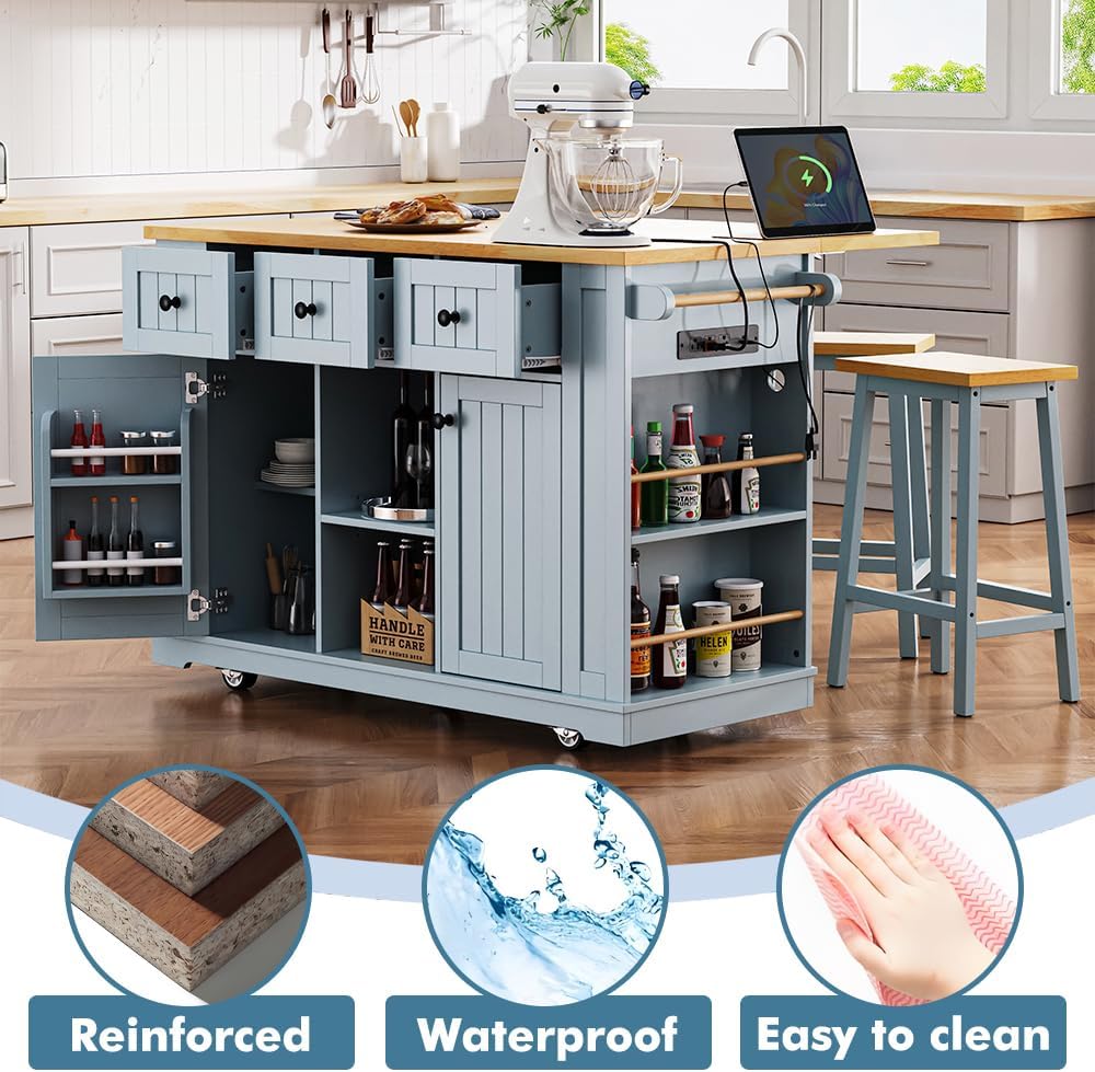 Rolling Kitchen Island with 2 Bar Stools, Kitchen Cart on Wheels with Drop Leaf, Mobile Kitchen Storage Cart with Power Outlet, 53 Inch Width (with 2 Bar Stools: Grey Blue)