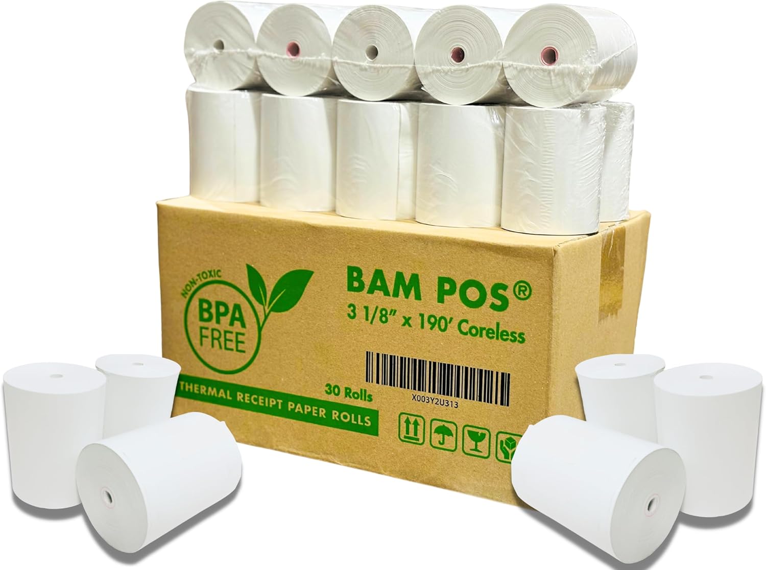 BAM POS 3 1/8" x 190' Thermal Receipt Paper Rolls For Most POS Systems and Receipt Printers, Compatible With Clover Station, Square Station, Toast Station, TM-T88, TSP Series (30 Rolls)