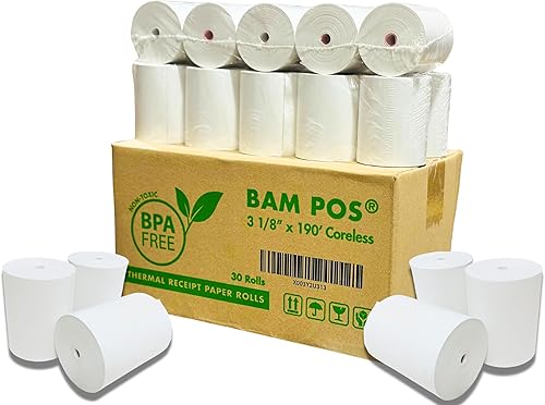 Miniatura 1 de BAM POS Rollos de papel térmico de 3 18 x 190 pulgadas compatibles con estaciones trébol, estaciones cuadradas y la mayoría de impresoras de recibos