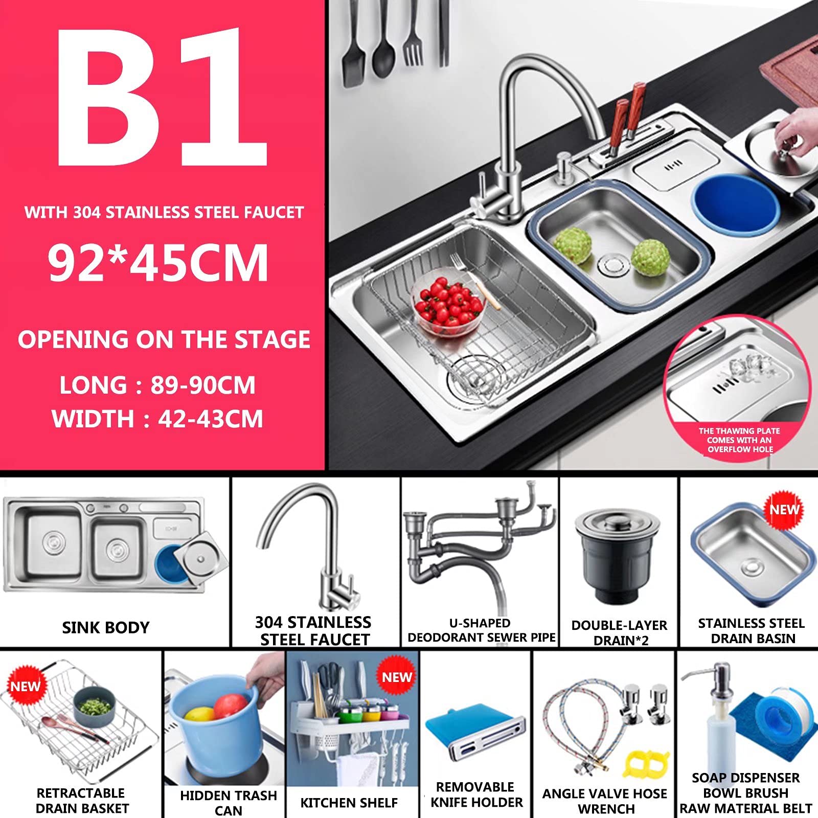 Fregadero para estación de Trabajo, Cocina, Fregadero y Grifo de Acero Inoxidable, Fregadero de Cocina empotrable de Acero Inoxidable, Incluye Accesorios de desbordamiento y Drenaje para ins