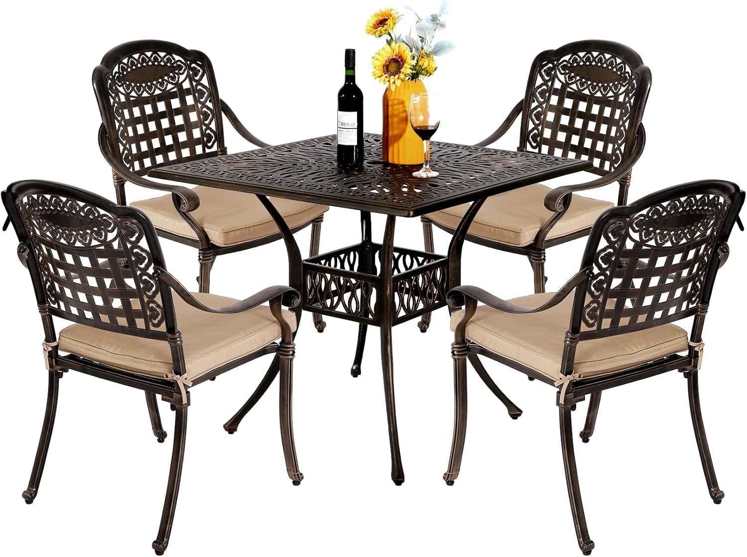 TITIMO 5-Piece Outdoor Patio Dining Set, All-Weather Cast Aluminum Patio Conversation Set Deck w/4 Cushions Chairs, Table, Umbrella Hole for Backyard Garden (Khaki-Fixed Grid Chair, 35" Squre Table)