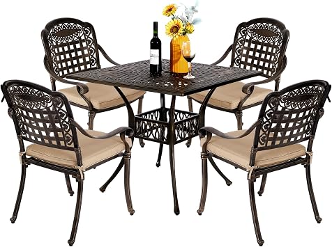 TITIMO 5-Piece Outdoor Patio Dining Set, All-Weather Cast Aluminum Patio Conversation Set Deck w/4 Cushions Chairs, Table, Umbrella Hole for Backyard Garden Khaki-Fixed Grid Chair, 35" Squre Table