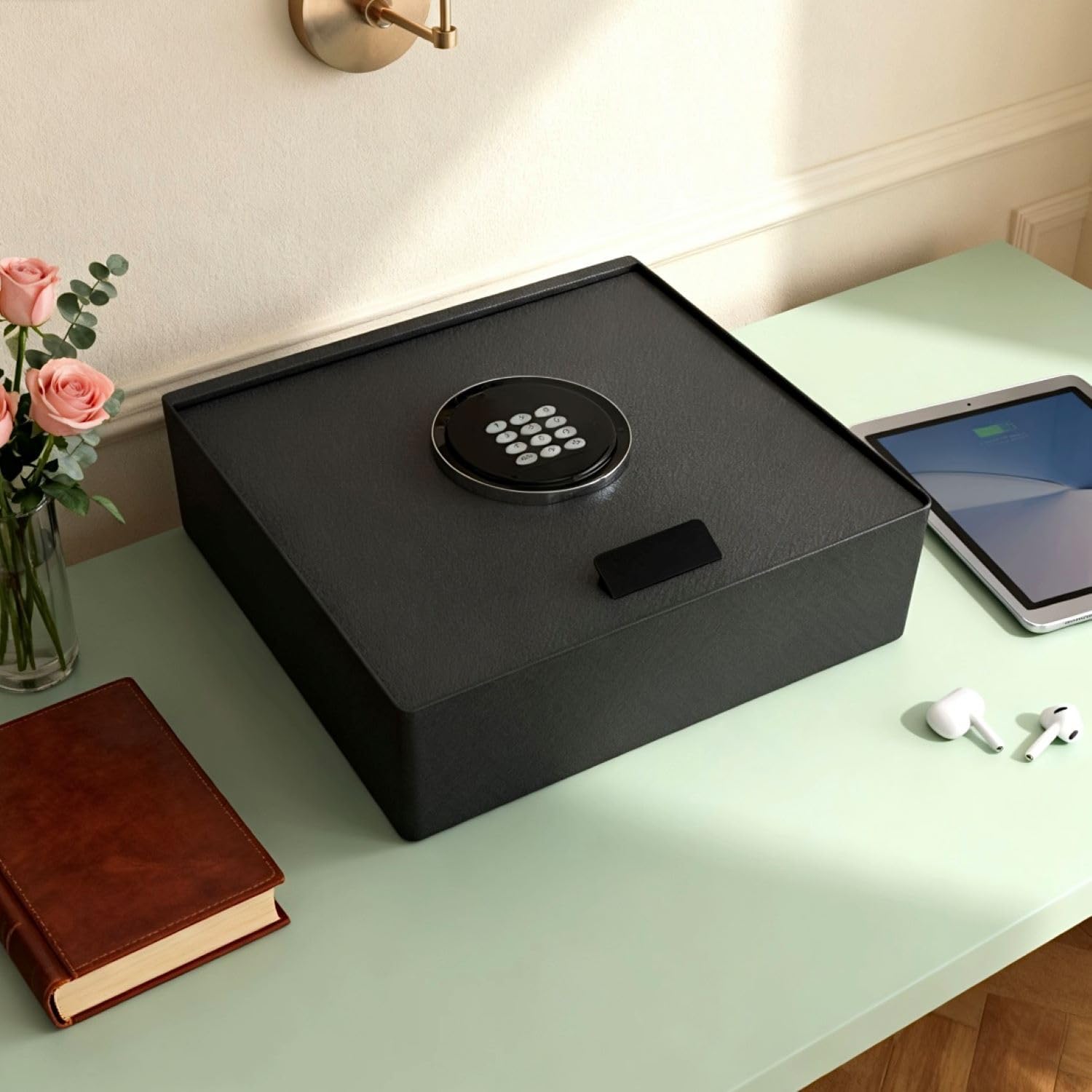 Cassaforte digitale per hotel con serratura elettronica della tastiera, grigio, design aperto, accesso chiave di backup, display a LED incorporato