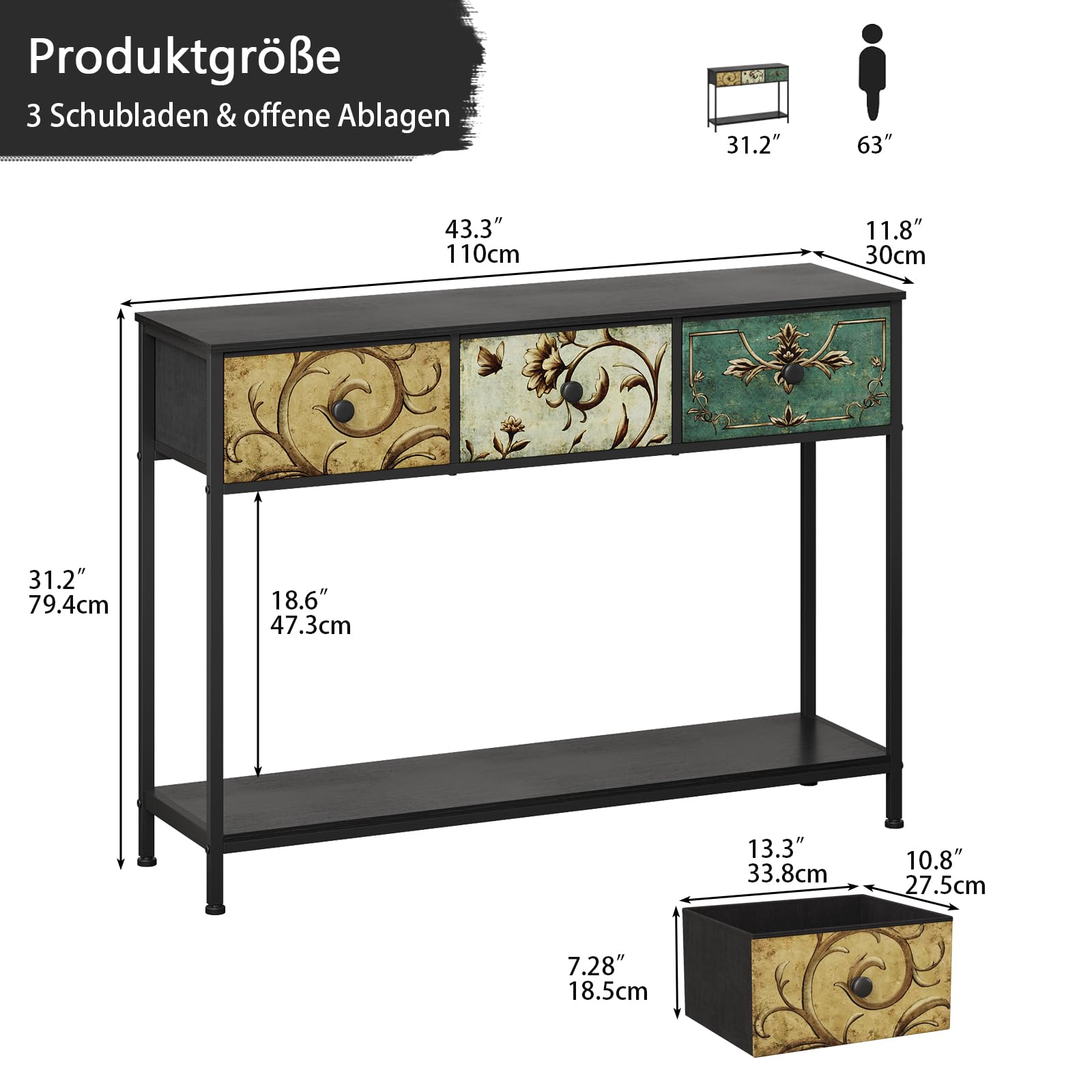VEDECASA - Tavolo consolle con 3 cassetti in tessuto, tavolo d'ingresso con ripiani aperti, tavolo per ingresso, soggiorno, camera da letto, legno con struttura in metallo, montaggio semplice