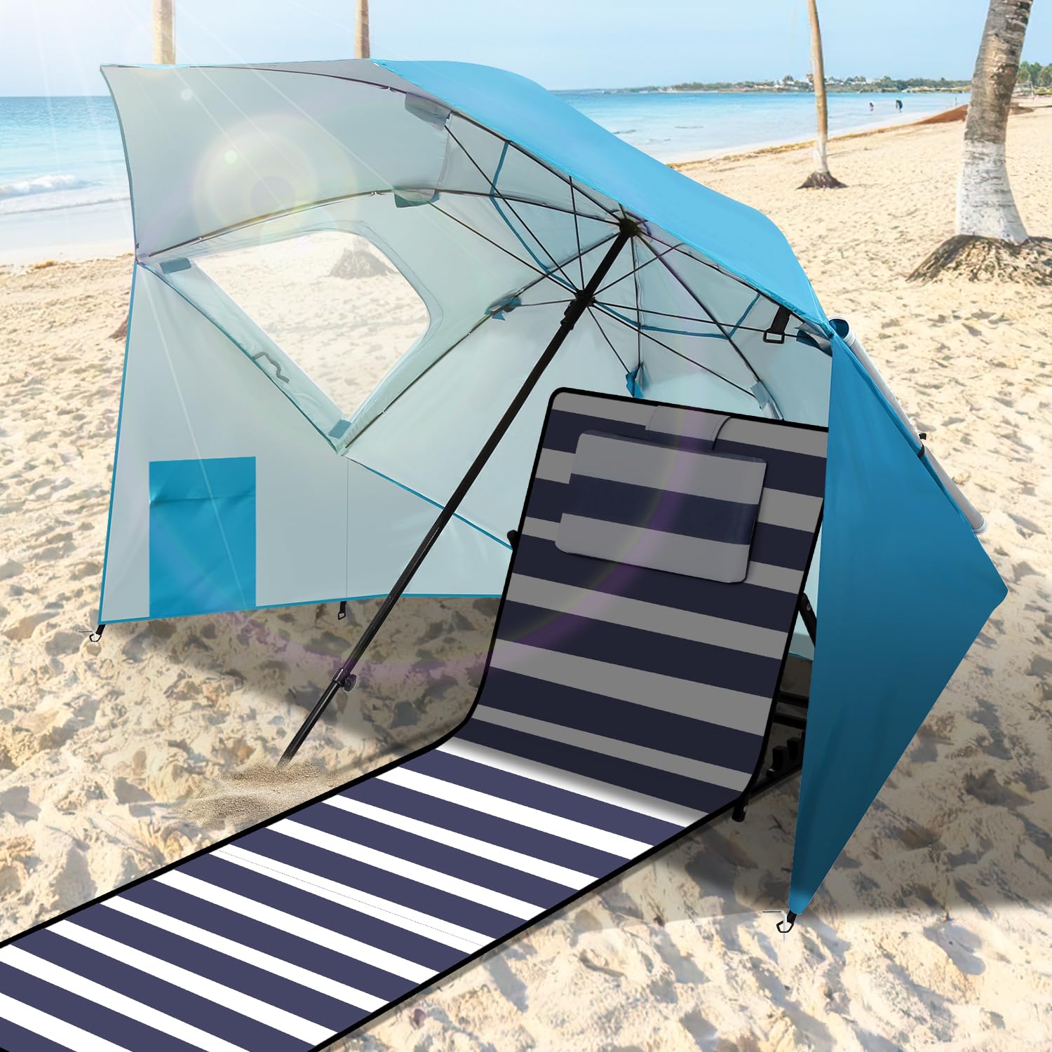 Herrselsam Parasol tente de plage | Parasol robuste 2 en 1 pour plage et jardin | Crème solaire imperméable anti-UV | Pliable multifonctionnel | Bleu ciel