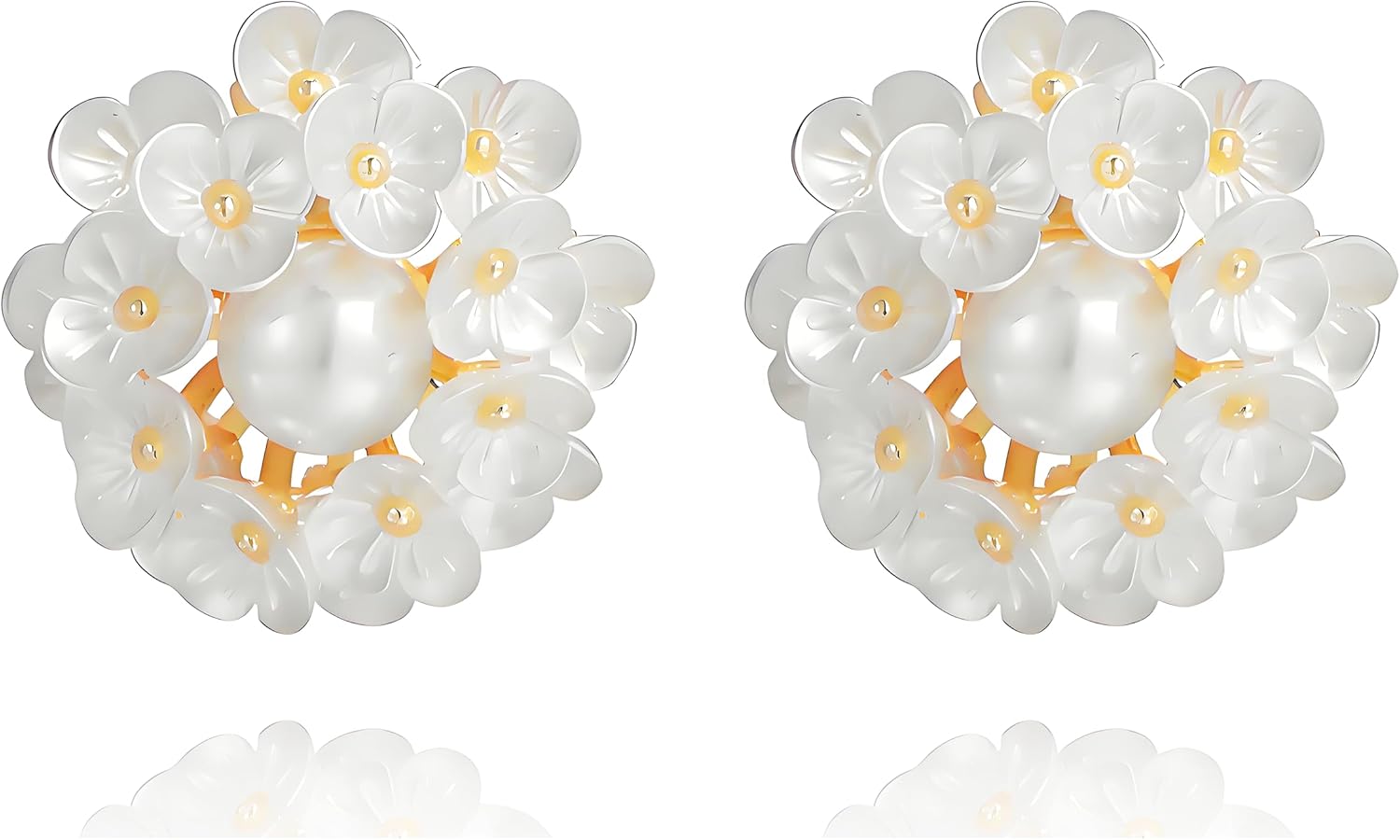 Flower Pearl Stud Earrings for Women Dainty 14K Gold Plated White Round Shell Flower Floral Hydrangea Clover Cluster Leaf Blossom Elegant Wedding Birthday Holiday Jewelry Gifts