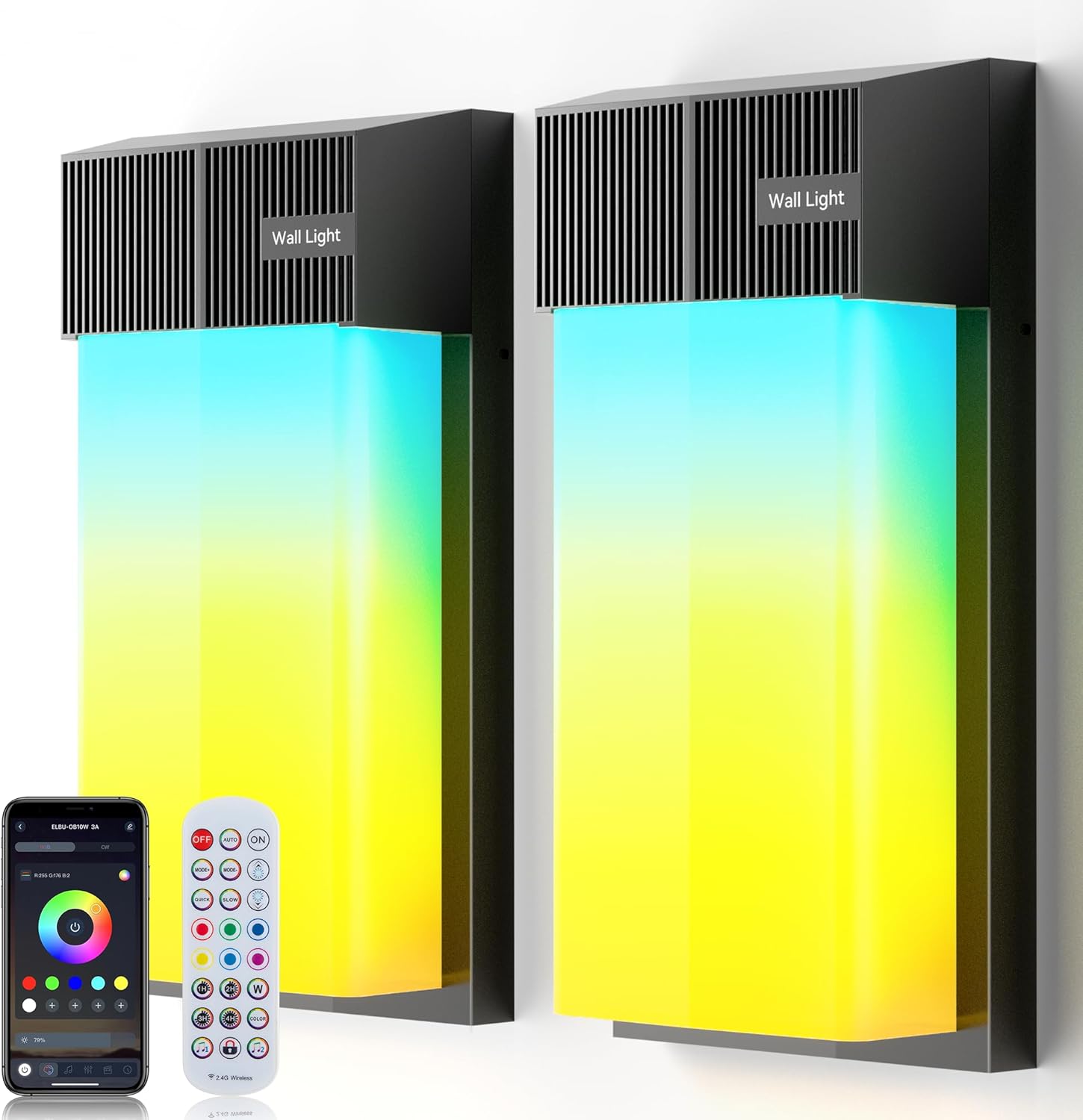 OIYN Smart Outdoor Wall Light, RGBWW LED Porch Light with 30 Scene Modes, 1500LM, IP65 Waterproof, DIY Color-Changing Wall Lamp for Garden, Patio, Christmas and Holiday Decorations – 2 Pack