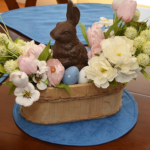 Miniatura 2 de Sweet Pea Linens Juego de dos manteles individuales redondos con cargador jacquard de hoja azul mediana