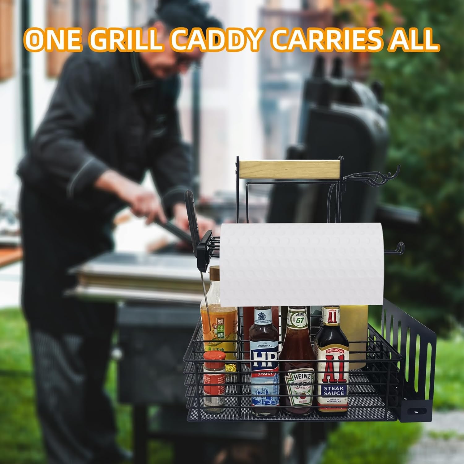 Grill Caddy,BBQ Condiment Organizer for Outdoor, Camping Tailgating Picnic Kitchen Storage Caddy Kitchen Organizer for Camper Magnetic Tool Holder with Paper Towel Holder with Handle Portable