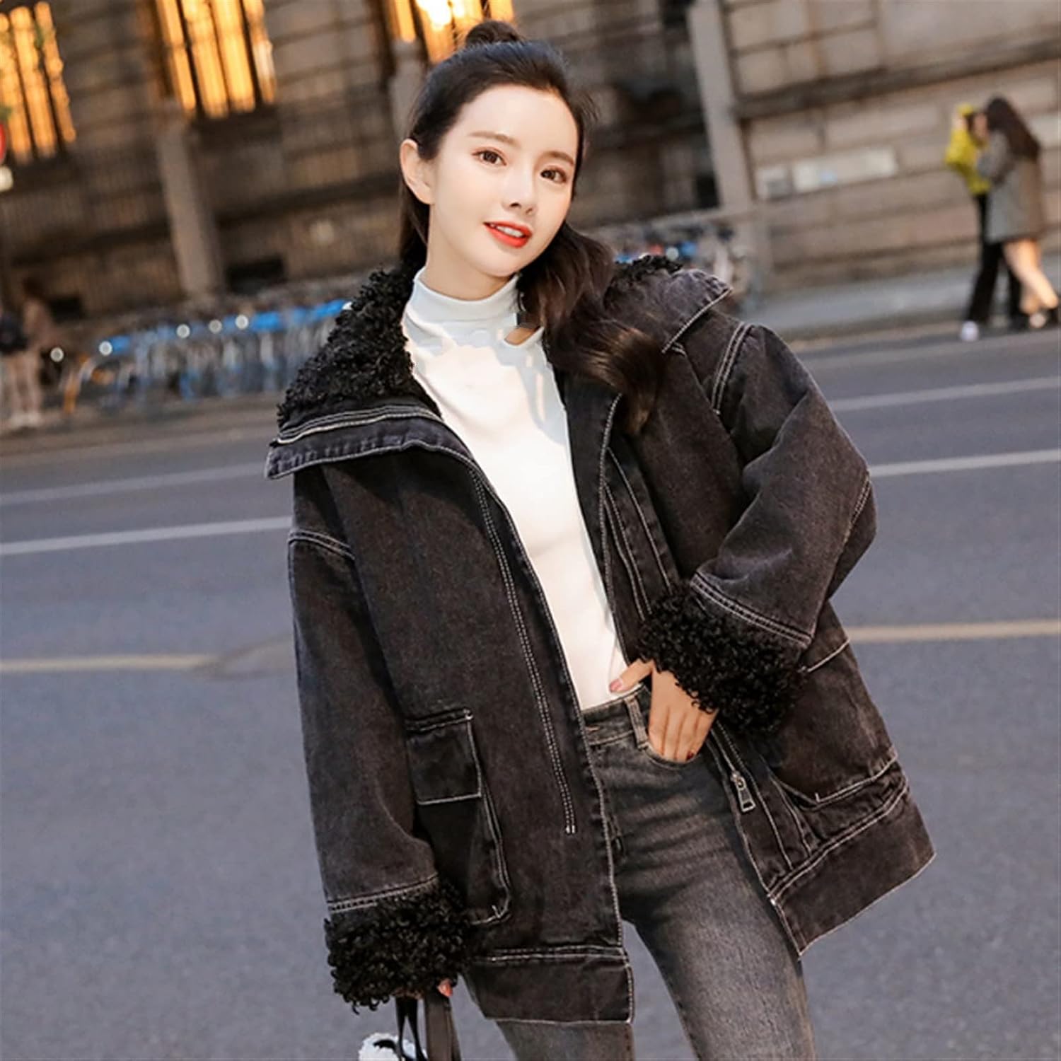 Women Winter Fleece Lined Black Denim 