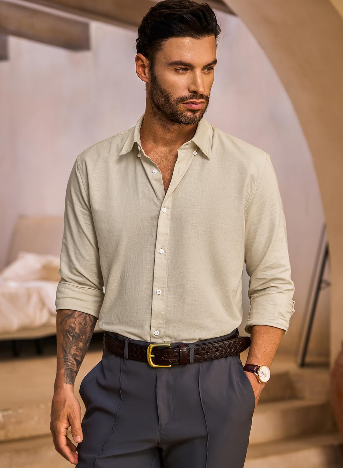 Elegancity Chemise en Lin pour Homme Manches Longues Boutonnée Coupe Régulière Uni Chemise de Plage décontractée d'été