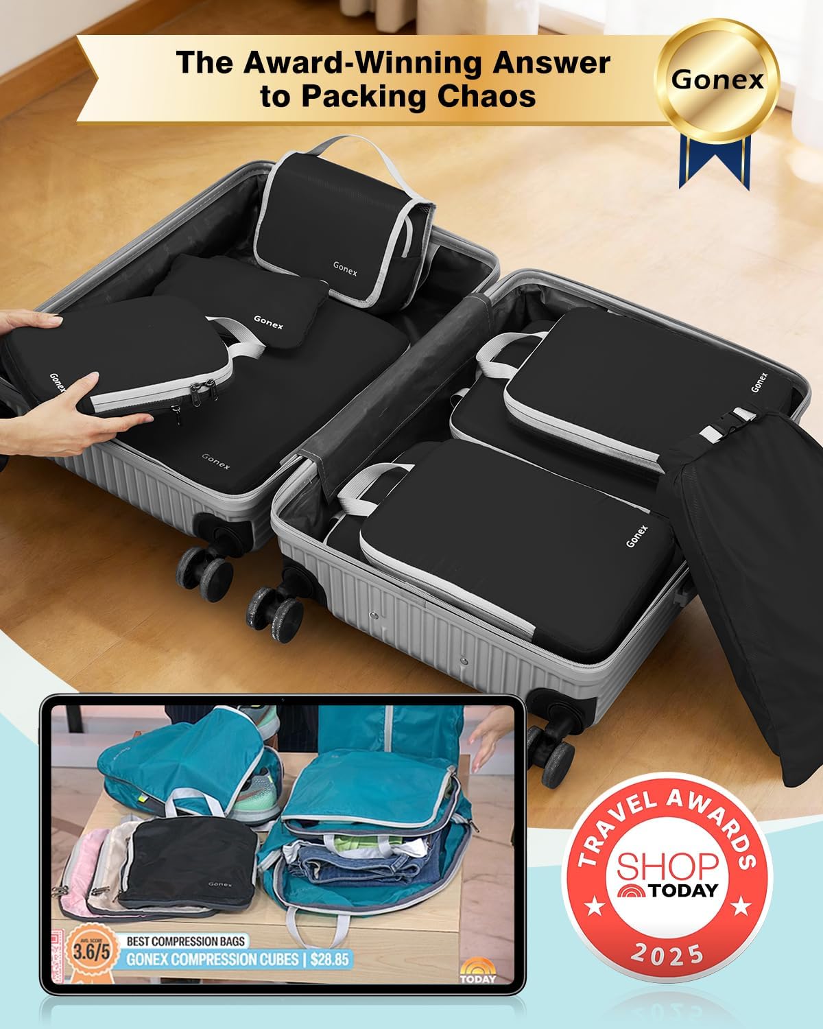 Gonex 10 Set Compression Packing Cubes, Expandable Storage Travel Bags for Suitcase, Luggage Organizers with Hanging Toiletry Bag Laundry Bag Shoe Bag Accessories Bag (Black)