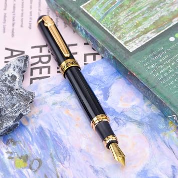 Lanxivi Duke D2 Fountain Pen Black Gold Trim Fine Nib with Additional Fude Nib (Bent Nib) and Converter Calligraphy Art Pen Set