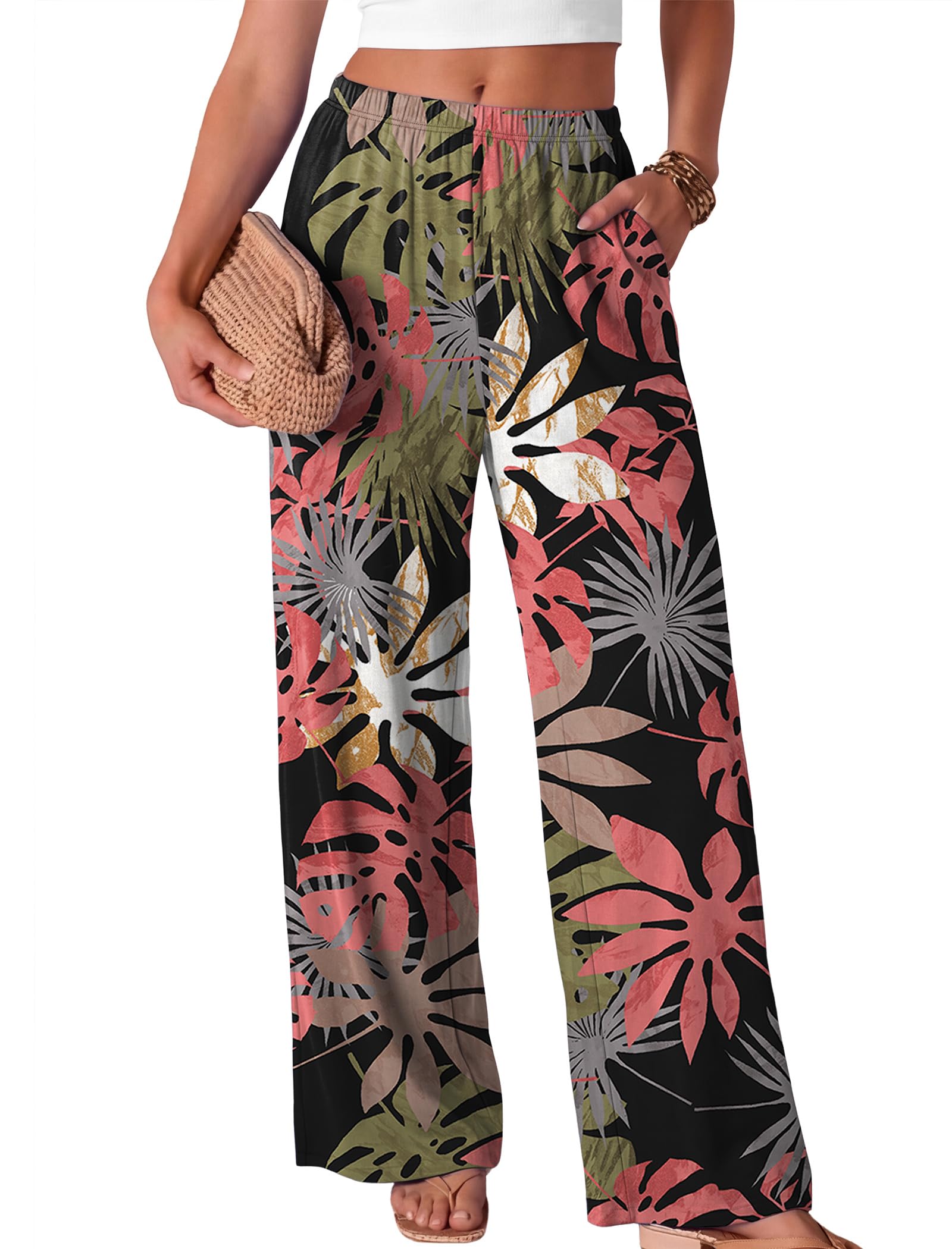 Wide Leg Pants for Women Flowy Palazzo Elastic Waist Trousers
