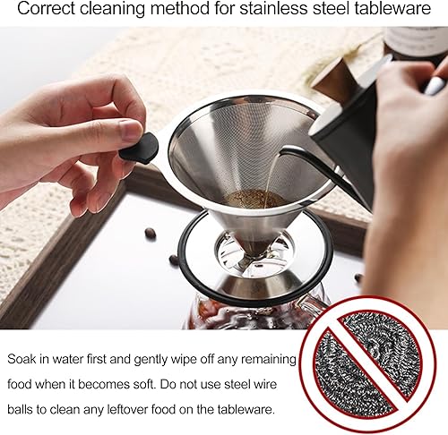 Miniatura 6 de Gotero de café de acero inoxidable, doble capa reutilizable de goteo lento sin papel, filtro de café de una sola taza, embudo de colador de cono de