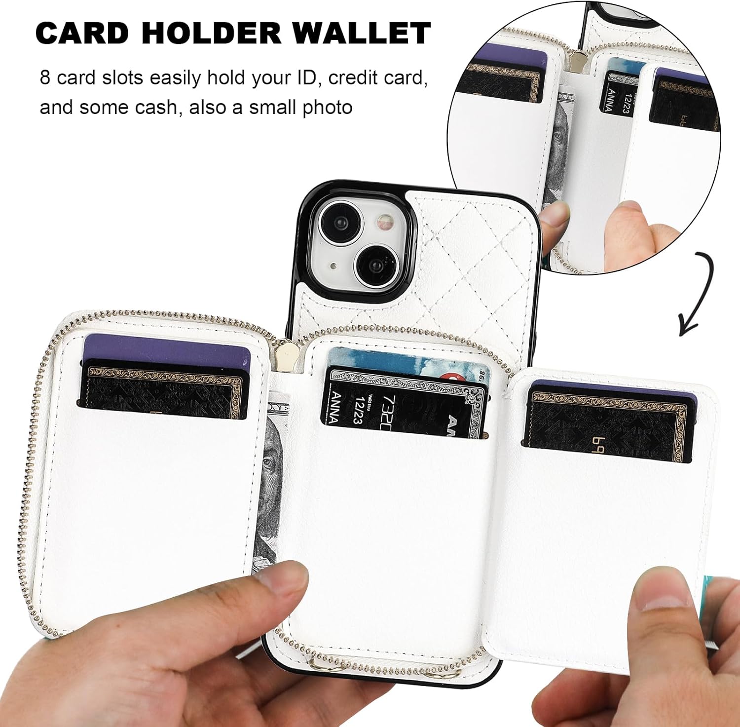 Bocasal Crossbody Wallet Case for iPhone 15 Plus, RFID Blocking PU Leather Zipper Handbag Purse Flip Cover, Kickstand Folio Case with Card Slots Holder Wrist Strap Lanyard 5G 6.7 Inch (White)