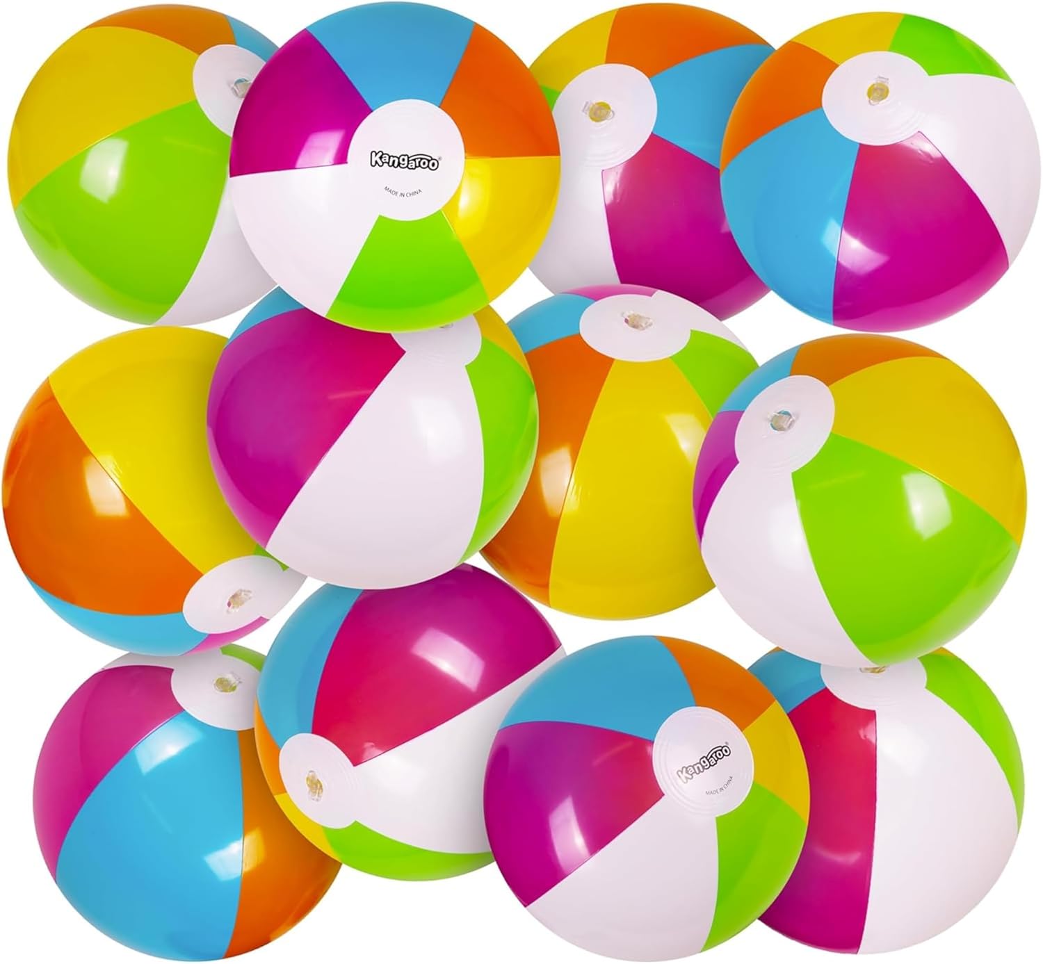 Kangaroo 12 Pack Inflatable Beach Balls for Kids & Adults – 12” Colorful Pool Fun Party Favors, Bulk Beach Toys for Swimming Games, Luau, Birthday, Summer Pool Party Decorations Supplies
