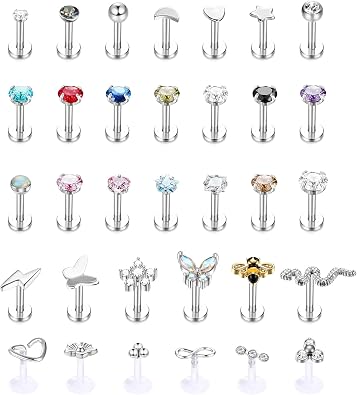 Drperfect 33PCS 16G Stainless Steel Internal Thread CZ Stud Piercing Jewelry for Tragus/Conch/Helix/Nose/Lip/Labret Cartilage Earrings Flatback Butterfly/Bee/Nose Rings for Women & Men 6/8/10mm