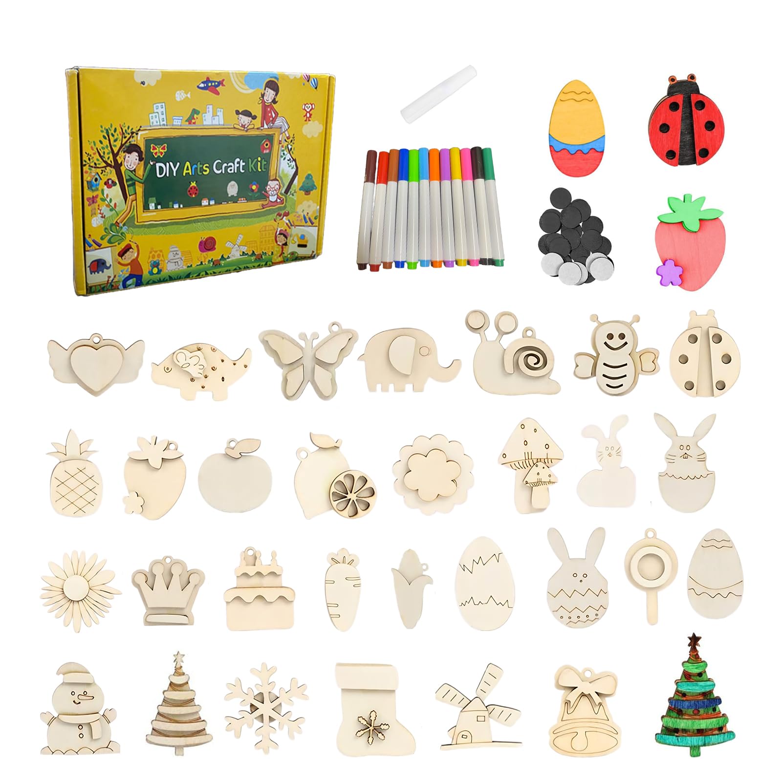 LUUFAN DIY Holz-Magnet-Set Für Kinder – 36 Teile Zum Bemalen & Bekleben, Inkl. Farbstifte & Magnete (Kreativset Für Kühlschrank)