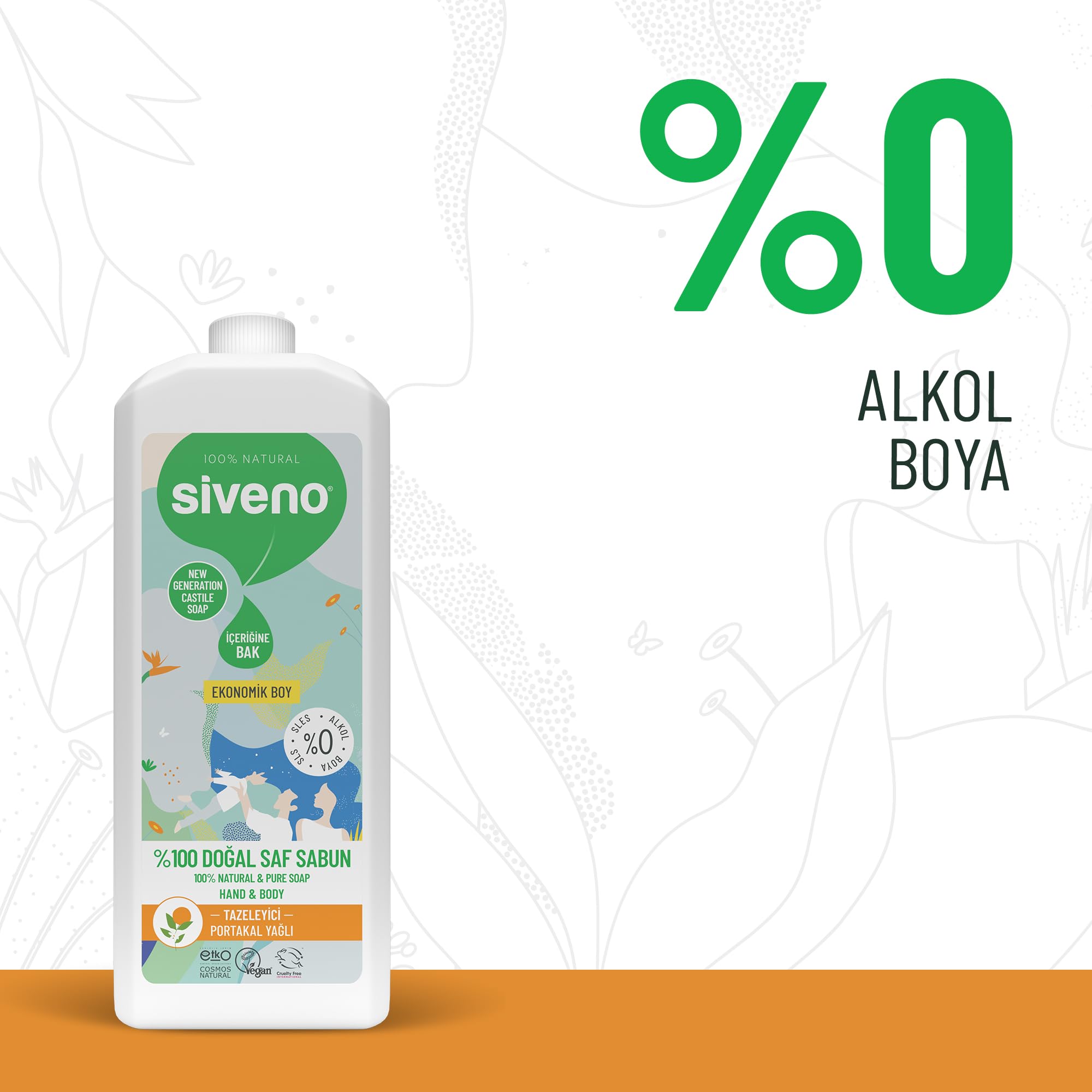 Siveno %100 Doğal Sıvı Kastil Sabun Portakal Yağlı Yoğun Nemlendirici Arındırıcı Bitkisel Vegan 1000 ml
